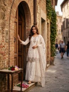 White Crunchy Silk Top Palazzo Dupatta Set