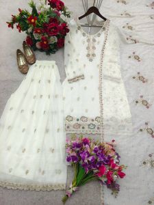 White Crunchy Silk Top Palazzo Dupatta Set