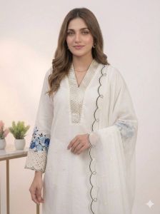 White Embroidered Mal Chanderi Suit Set