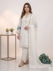 White Embroidered Mal Chanderi Suit Set