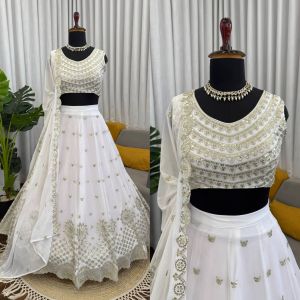 White Faux Georgette Lehenga Set