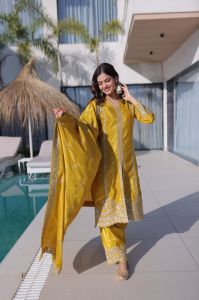 Yellow Sequins Zari Embroidered Suit Set