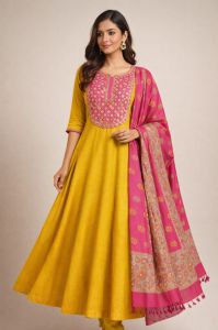 Mustard Embroidered A-Line Silk Kurta Suit Set