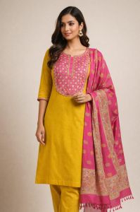 Women Yellow Embroidered Straight Kurtas Set