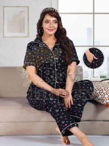 Black Printed Cotton Ladies Night Suit