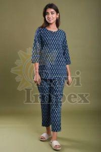 Blue Printed Cotton Ladies Night Suit