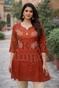 Brown Cotton Embroidered Ladies Kurti