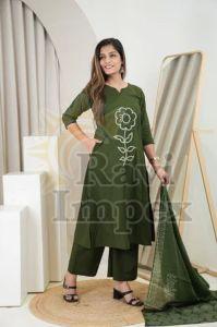 Green Cotton Ladies Kurti Pant Set