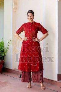 Red Cotton Ladies Kurti Pant Set