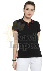 Solid Black Ladies Polo T-Shirt