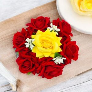 Yellow and Red Artificial Rose Flower Hair Bun