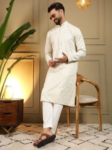 Embroidery Mirror Work Cream Heavy Khadi Cotton Kurta Pyjama