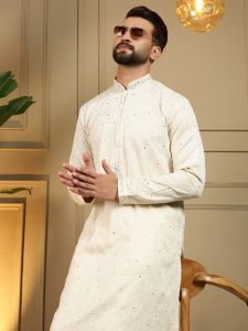Embroidery Mirror Work Cream Heavy Khadi Cotton Kurta Pyjama