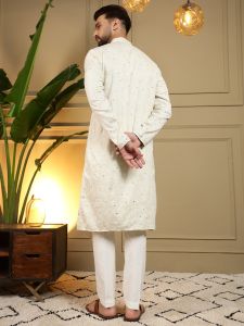 Embroidery Mirror Work Cream Heavy Khadi Cotton Kurta Pyjama