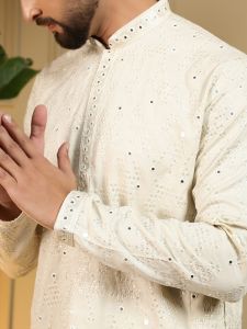 Embroidery Mirror Work Cream Heavy Khadi Cotton Kurta Pyjama