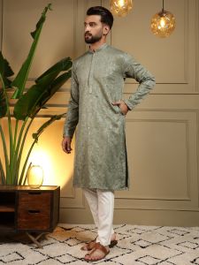 Embroidery Mirror Work Olive Green Heavy Khadi Cotton Kurta Pyjama
