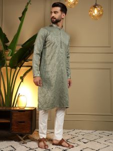 Embroidery Mirror Work Olive Green Heavy Khadi Cotton Kurta Pyjama