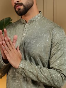 Embroidery Mirror Work Olive Green Heavy Khadi Cotton Kurta Pyjama