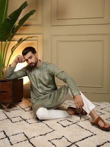 Embroidery Mirror Work Olive Green Heavy Khadi Cotton Kurta Pyjama