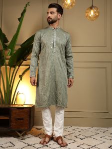 Embroidery Mirror Work Olive Green Heavy Khadi Cotton Kurta Pyjama