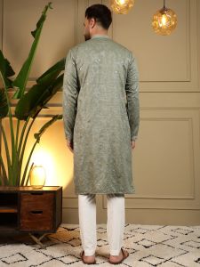 Embroidery Mirror Work Olive Green Heavy Khadi Cotton Kurta Pyjama