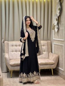 Ladies Black Georgette Heavy Embroidery Sequence Work Anarkali Gown