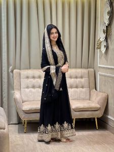 Ladies Black Georgette Heavy Embroidery Sequence Work Anarkali Gown