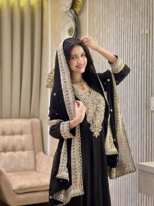 Ladies Black Georgette Heavy Embroidery Sequence Work Anarkali Gown