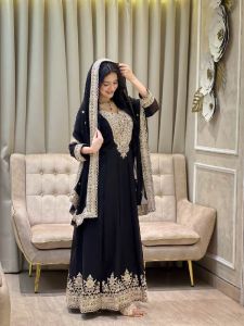 Ladies Black Georgette Heavy Embroidery Sequence Work Anarkali Gown