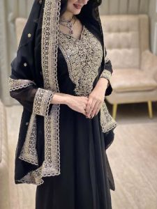 Ladies Black Georgette Heavy Embroidery Sequence Work Anarkali Gown