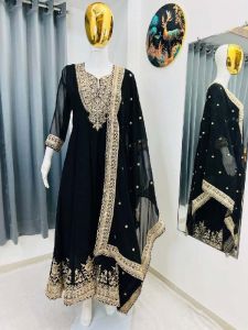 Ladies Black Georgette Heavy Embroidery Sequence Work Anarkali Gown