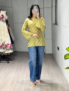 Ladies Cambric Cotton Floral Printed Golden Yellow Short Kurti