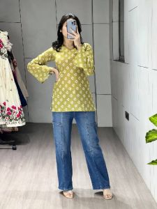 Ladies Cambric Cotton Floral Printed Golden Yellow Short Kurti