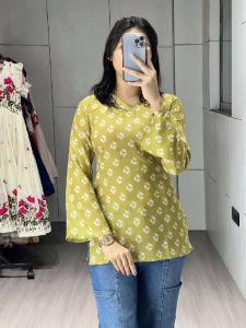 Ladies Cambric Cotton Floral Printed Golden Yellow Short Kurti
