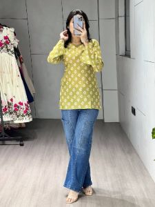 Ladies Cambric Cotton Floral Printed Golden Yellow Short Kurti