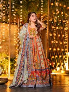 Ladies Chinon Silk Digital Print Anarkali Gown with Mirror Work