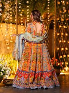 Ladies Chinon Silk Digital Print Anarkali Gown with Mirror Work