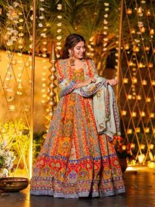 Ladies Chinon Silk Digital Print Anarkali Gown with Mirror Work