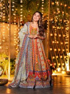 Ladies Chinon Silk Digital Print Anarkali Gown with Mirror Work