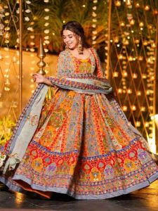 Ladies Chinon Silk Digital Print Anarkali Gown with Mirror Work