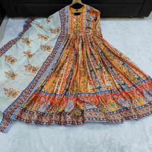 Ladies Chinon Silk Digital Print Anarkali Gown with Mirror Work
