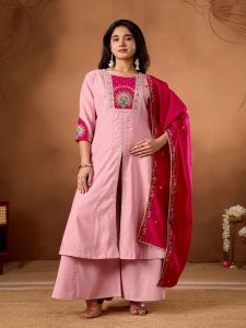 Ladies Heavy Embroidery Work Roman Silk Palazzo Suit