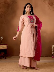 Ladies Heavy Embroidery Work Roman Silk Palazzo Suit