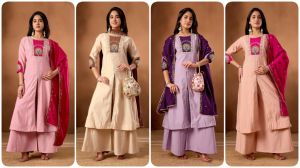 Ladies Heavy Embroidery Work Roman Silk Palazzo Suit
