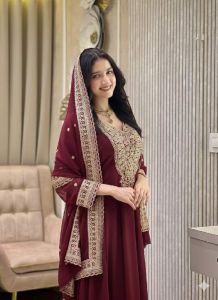 Ladies Maroon Georgette Heavy Embroidery Sequence Work Anarkali Gown