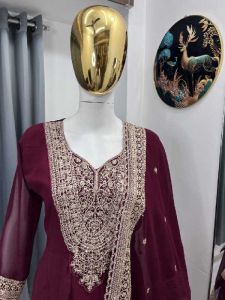 Ladies Maroon Georgette Heavy Embroidery Sequence Work Anarkali Gown