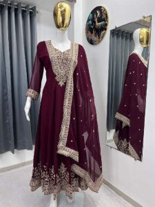 Ladies Maroon Georgette Heavy Embroidery Sequence Work Anarkali Gown