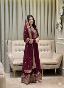 Ladies Maroon Georgette Heavy Embroidery Sequence Work Anarkali Gown