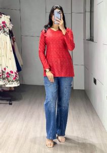 Ladies Red Full Sleeve Floral Printed Cambric Cotton Short Kurti