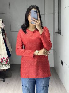 Ladies Red Full Sleeve Floral Printed Cambric Cotton Short Kurti
